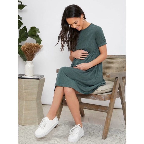 Maternity short sleeve Knot Waist mini Dress olive green - Picture 9 of 12